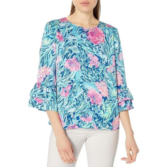 Lilly Pulitzer Tops - Lilly Pulitzer Christie Blue & Pink Floral Blouse Size Small